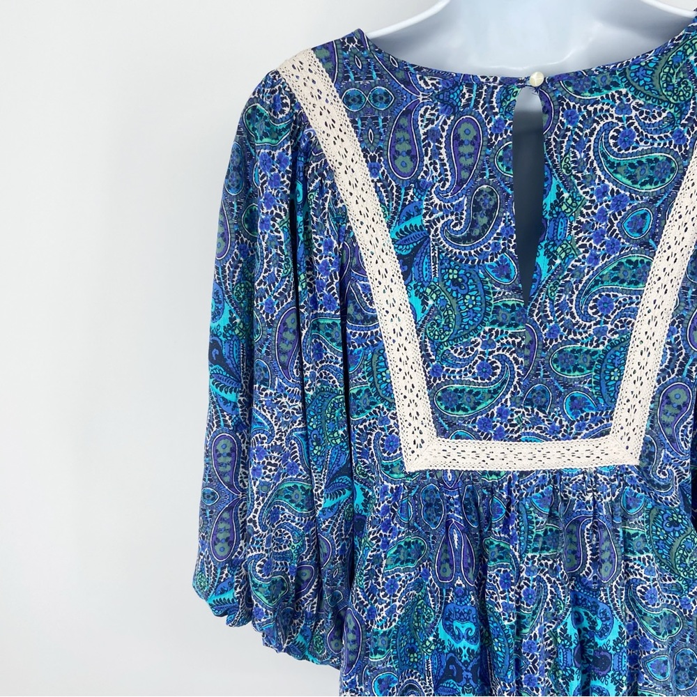Anthropologie Lissa Boho Crochet Lace Detail Paisley Print Puff Sleeve Romper XS - Picture 13 of 16